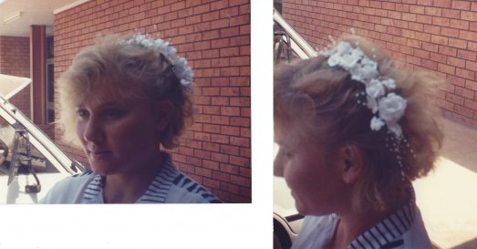 My workmate Cynthia Perry models a artificial flower hair cousage