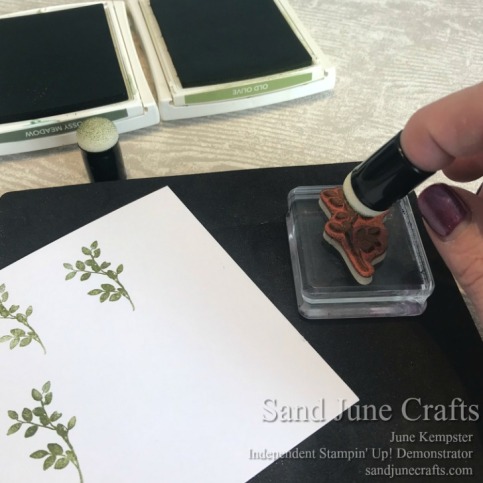 Ink up the stamp using Sponge Dauber for each colour to create a variegated look on the leaf images.